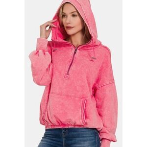Zenana acid wash fleece half zip hoodie hot pink